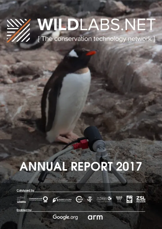 A scientific report cover with an image of a penguin and the title "Wildlabs.net annual report 2017."