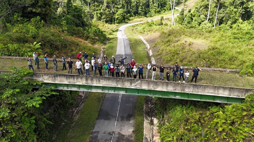 A group of scientists and other experts wave from the top of the Maliau Borneo wildlife overpass