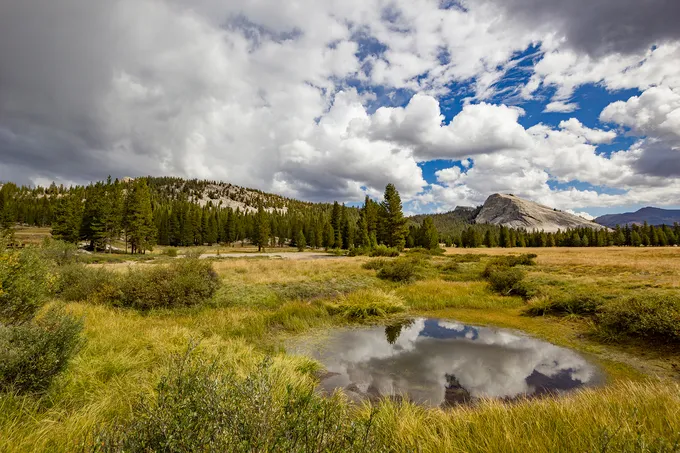 Sky reflected in pond with mountains in distance